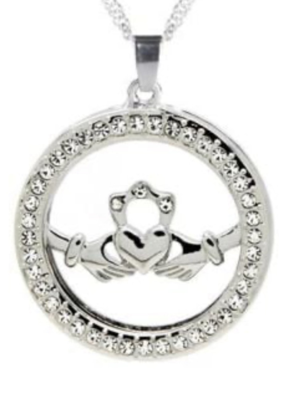 Silver Colored Claddagh Pendant Necklace with Crystal Halo - Women Jewelry
